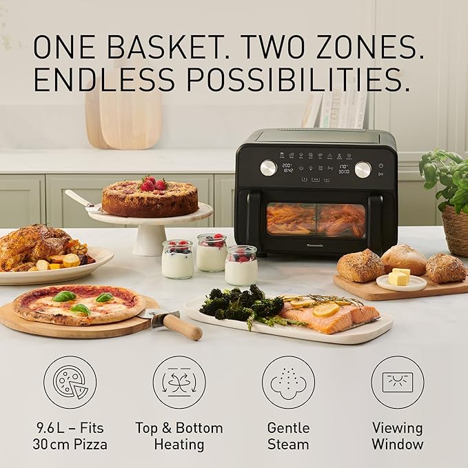 Panasonic NF-BC1000 Flex Air Fryer with Viewing Window, XL Flexible Basket, Basket Divider, 10L, 30°-230°C, Gentle Steam, 8 Presets, Easy Clean, Black - Image 2