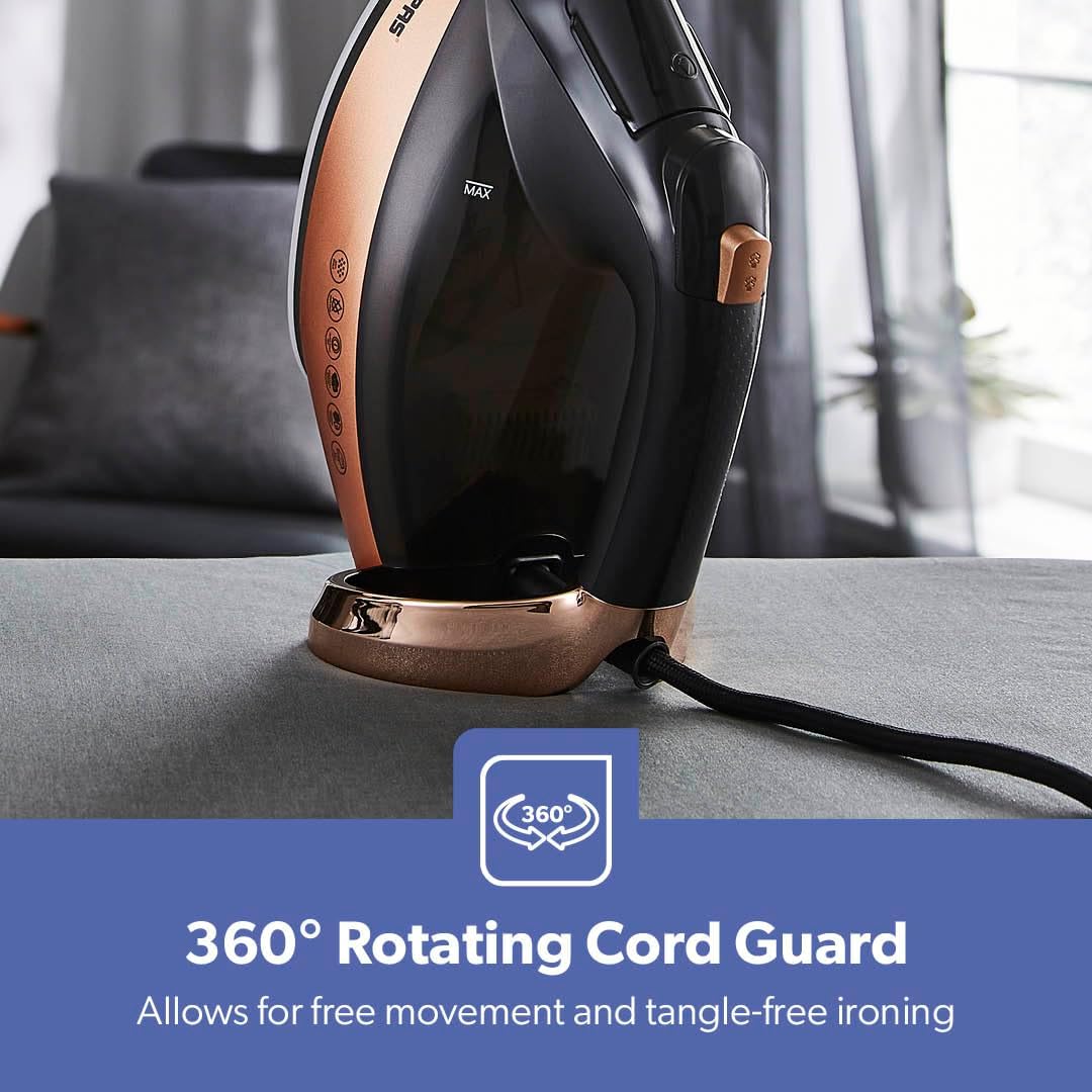 Geepas Auto Temperature Steam Iron- GSI24034UK/ Non-Stick Ceramic Coated Soleplate, Comfortable Handle with Multiple Functions,360 Degree Rope Guard - Image 8