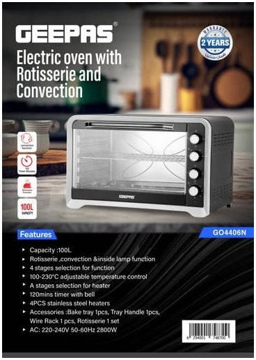 Geepas GO4406 Electric Oven, 100L Capacity, 2800W Power, Rotisserie & Conventional Function, 60min Timer with Bell, Adjustable Temperature Control Knob, Stainless Steel | GO4406 - Image 7