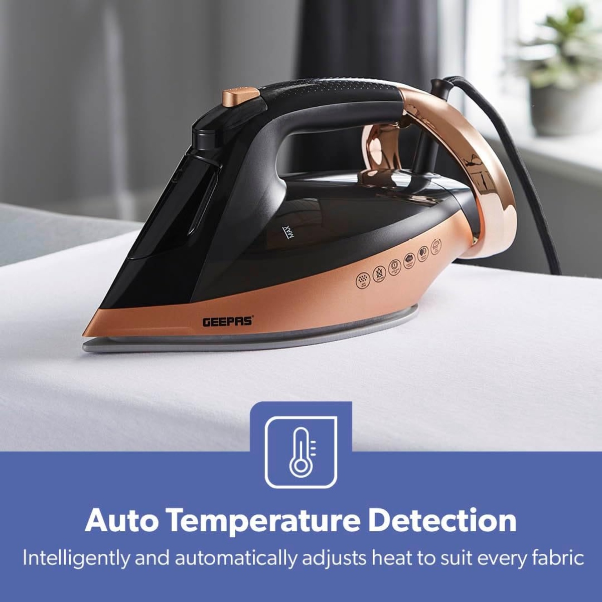 Geepas Auto Temperature Steam Iron- GSI24034UK/ Non-Stick Ceramic Coated Soleplate, Comfortable Handle with Multiple Functions,360 Degree Rope Guard