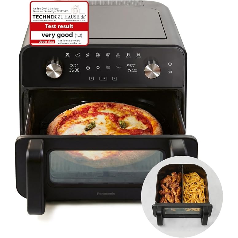 Panasonic NF-BC1000 Flex Air Fryer with Viewing Window, XL Flexible Basket, Basket Divider, 10L, 30°-230°C, Gentle Steam, 8 Presets, Easy Clean, Black